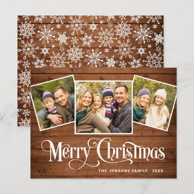 Tarjeta de felicitación Rustic 3 FOTO para Navidad (Anverso / Reverso)