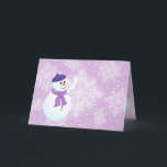 Tarjeta de felicitación Snowman and Snowflakes<br><div class="desc">Tarjeta de saludo de invierno con feliz hombre de nieve y hermosos copos de nieve brillantes y blancos sobre fondo violeta. Este diseño es totalmente personalizable. Los Snowman y los copos de nieve están todos en capas separadas para que puedas cambiar el tamaño o (re)moverlos fácilmente, y puedes cambiar el...</div>