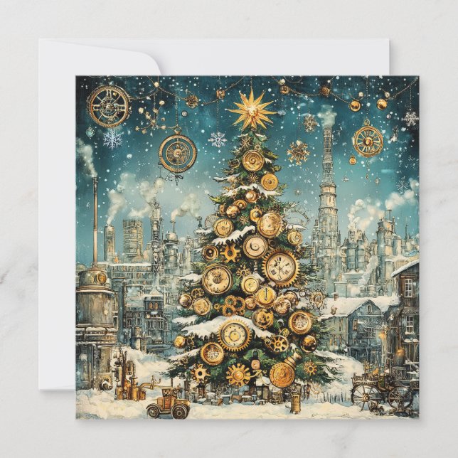 Tarjeta de felicitación Steampunk Christmas Tree (Anverso)