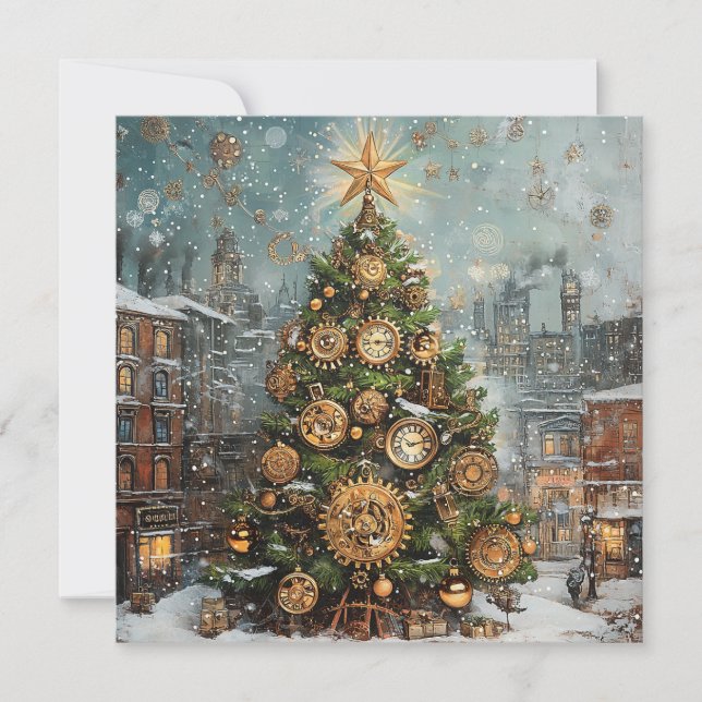 Tarjeta de felicitación Steampunk Christmas Tree (Anverso)