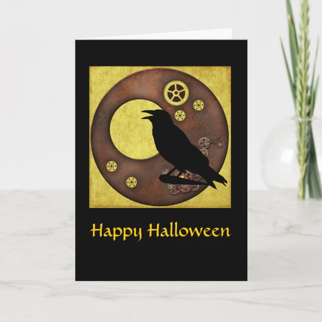 Tarjeta de felicitación Steampunk Raven Halloween (Anverso)