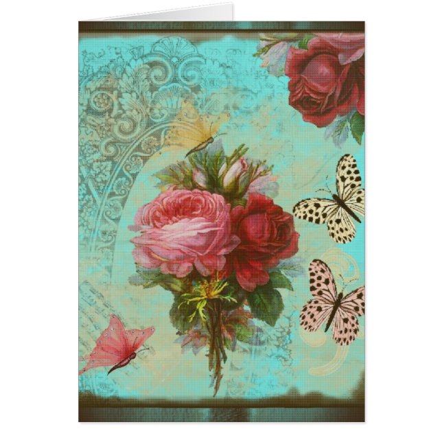 Tarjeta de felicitación turquesa y flores (Frente)