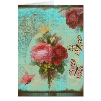 Tarjeta de felicitación turquesa y flores rosas
