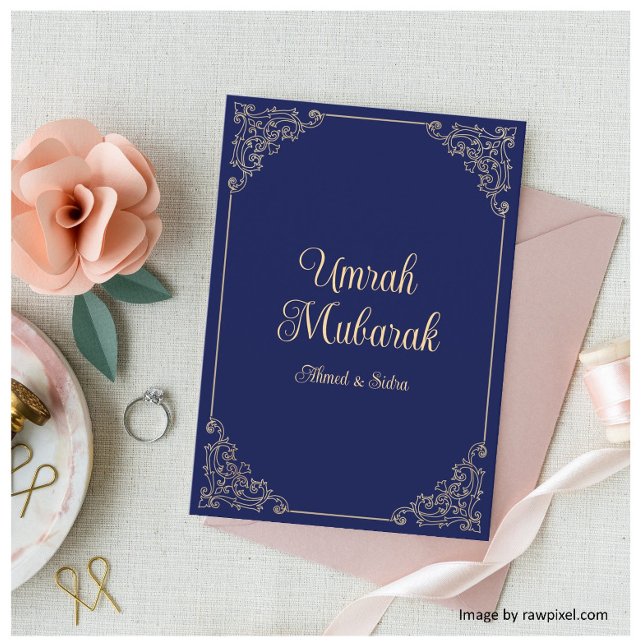 Tarjeta de felicitación Umrah Mubarak azul de la M (Subido por el creador)