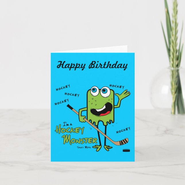 Tarjeta de felicitación verde de hockey Monster (Anverso)