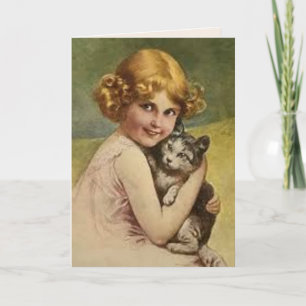 Tarjeta de felicitación VICTORIANA de niña con gat
