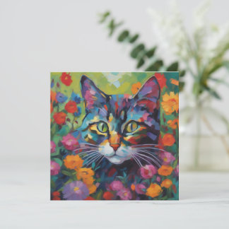 Tarjeta de felicitaciones al gato en el jardín