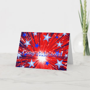 Tarjeta de 'Felicitaciones!' azul rojo de fuegos a