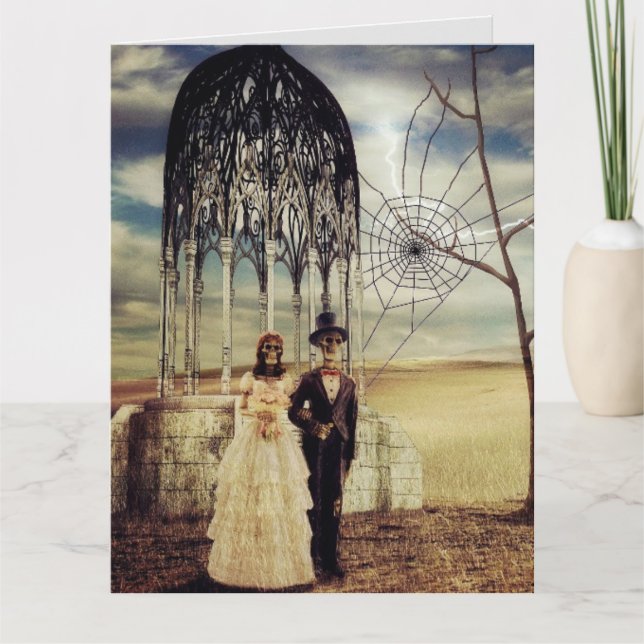 TARJETA DE FELICITACIONES BODAS DE ESQUELETOS GÓTI (Anverso)