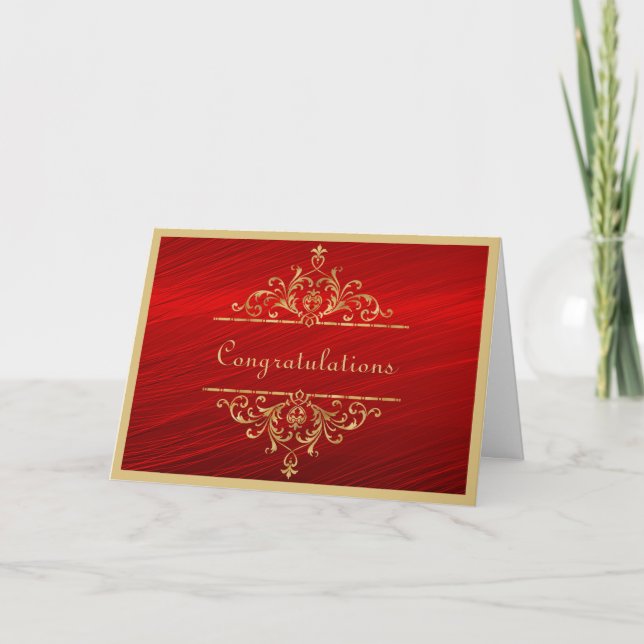 Tarjeta de Felicitaciones de Boda Oro Rojo (Anverso)