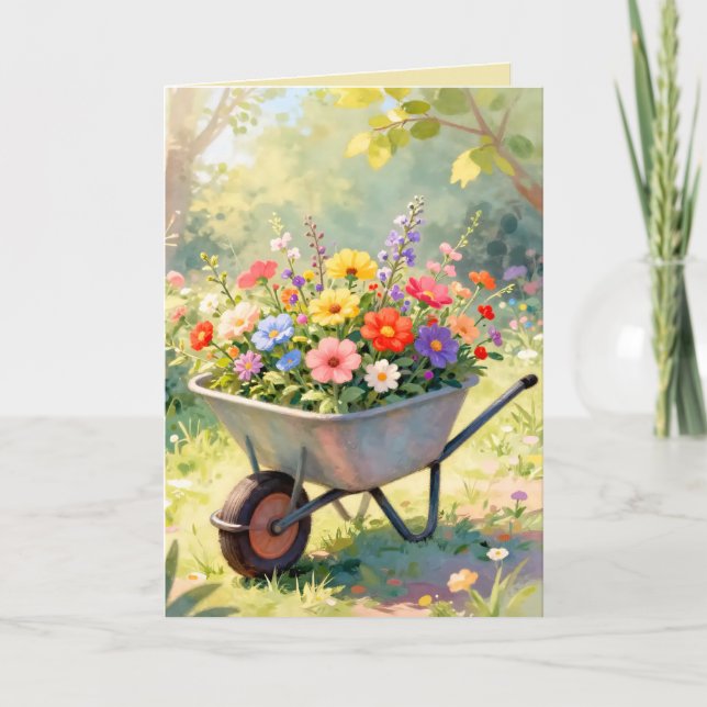 Tarjeta de Felicitaciones de Carretilla de Flores (Anverso)
