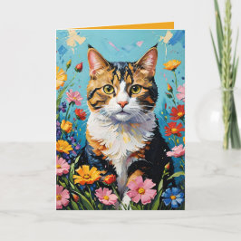 Tarjeta de Felicitaciones de Gato y Flores