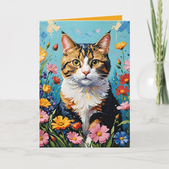 Tarjeta de Felicitaciones de Gato y Flores (Anverso)