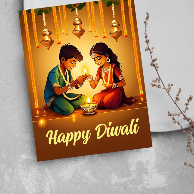 Tarjeta de felicitaciones feliz Diwali (Happy Diwali greetings postcard Indian boy and Indian girl lighting diya lamps religious greetings )