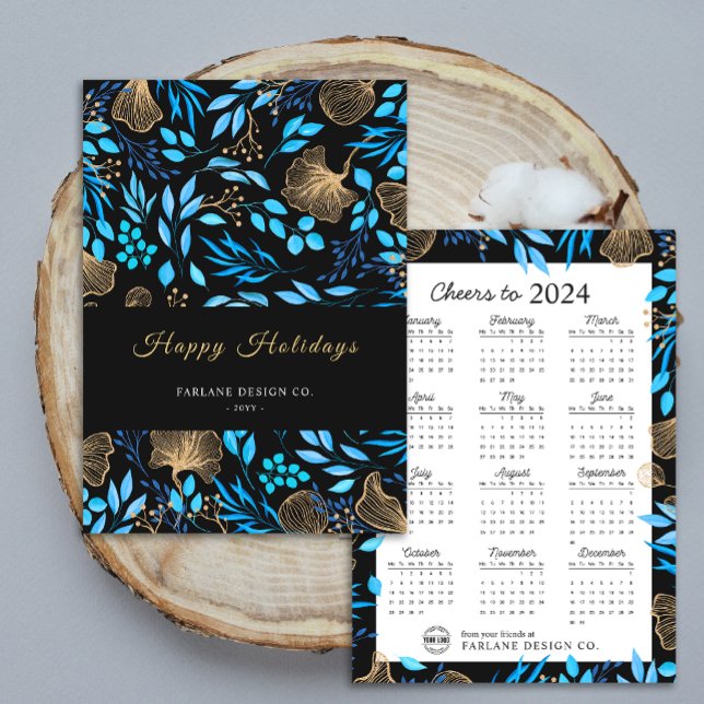 Tarjeta de Felicitaciones Navideñas con Logotipo E (2024 Calendar Floral Business Logo Holiday Card)