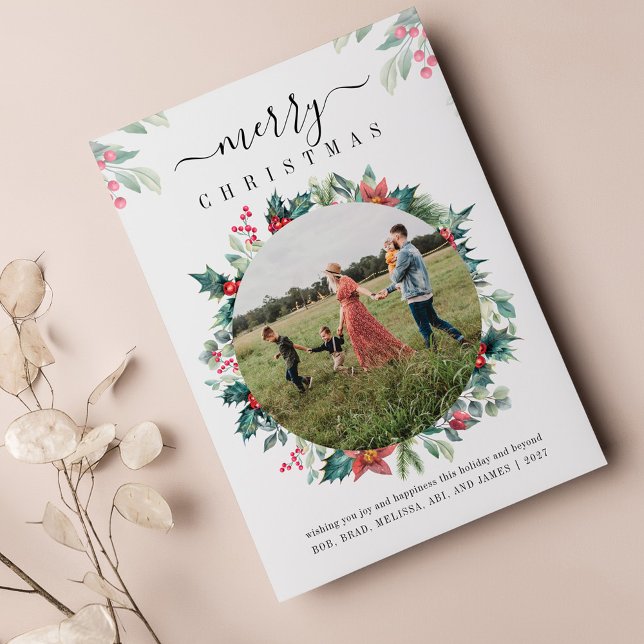 Tarjeta de felicitaciones por la foto de la famili (Christmas Holidays Family Photo Botanical Greetings Card)
