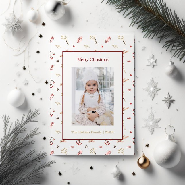 Tarjeta de felicitaciones Red Holly Berry Holiday (Red Mistletoe and custom photo Christmas card sorrounded by white and silver Christmas ornaments)