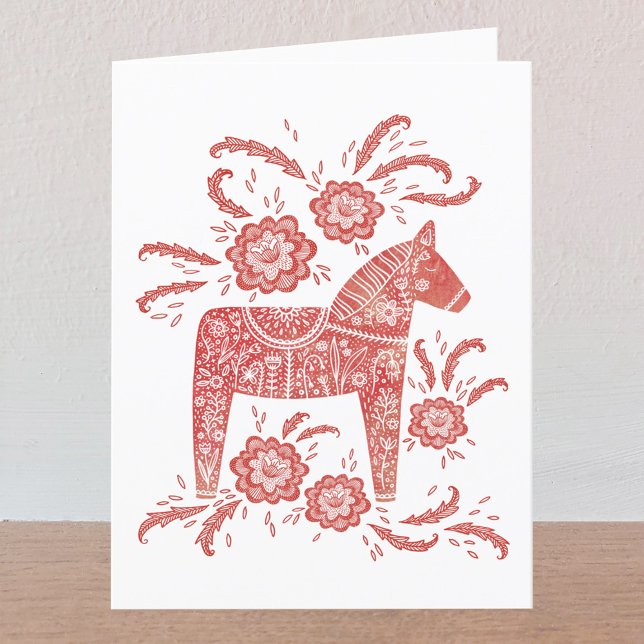 Tarjeta de felicitaciones sueca Dala Horse Red and (Swedish Dala Horse red and white folded greetings card with custom text)