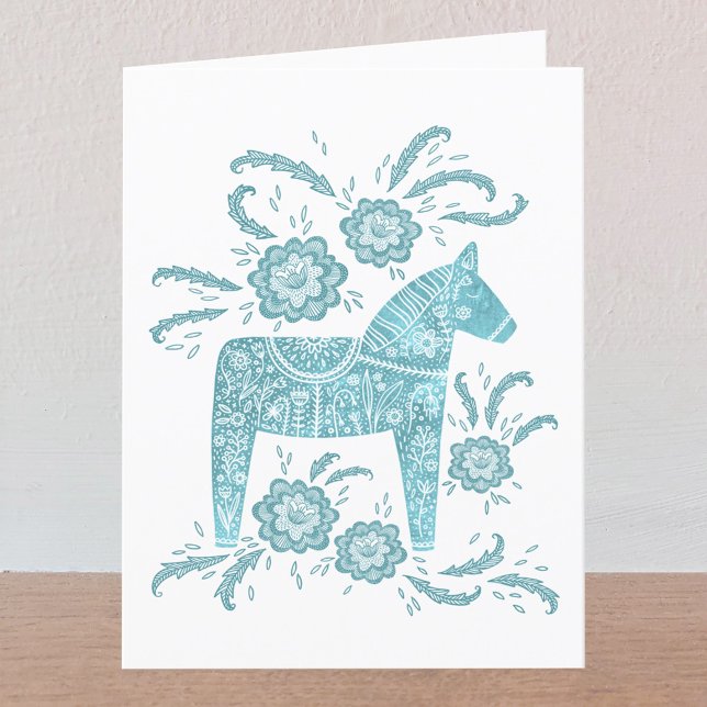 Tarjeta de felicitaciones Verde azulada y blanca d (Swedish Dala Horse teal green greetings card with custom text inside)