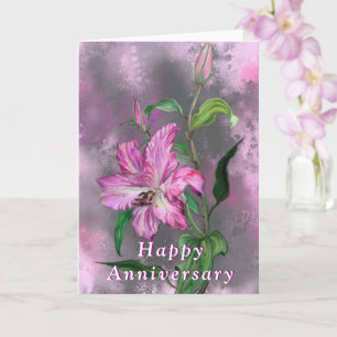 Tarjeta de Feliz Aniversario Flores de Lirio Rosa