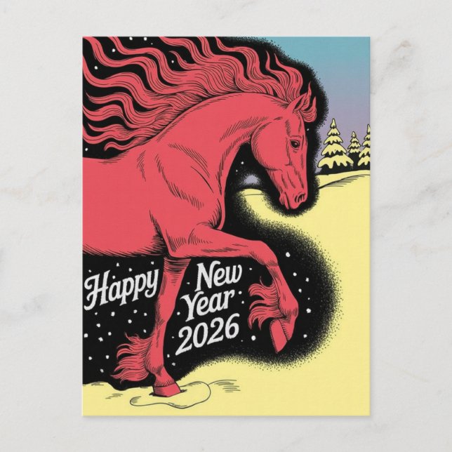 Tarjeta de Feliz Año Nuevo 2026 Caballo Rojo (Anverso)