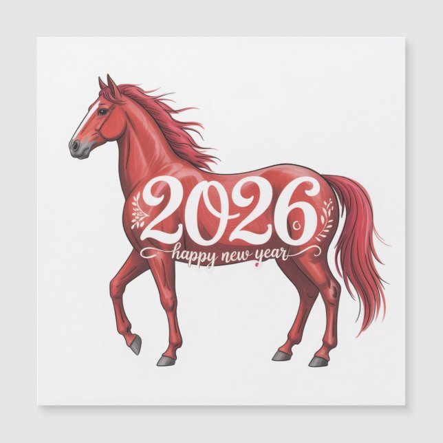 Tarjeta de Feliz Año Nuevo 2026 Caballo Rojo Ilust (Anverso)