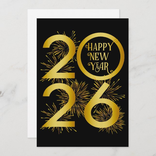 Tarjeta de Feliz Año Nuevo 2026 en Negro y Dorado  (Anverso / Reverso)