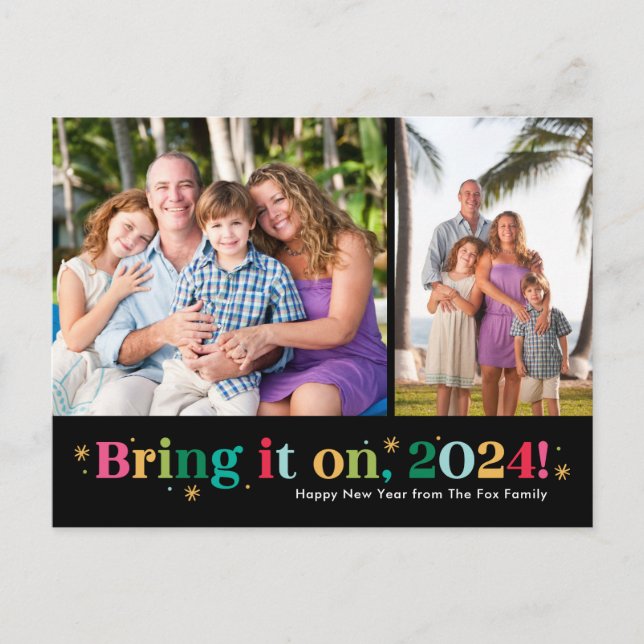 Tarjeta de Feliz Año Nuevo con Dos Fotos Bring It  (Anverso)