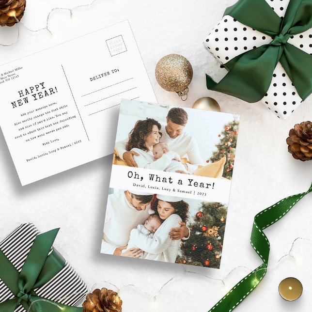 Tarjeta de Feliz Año Nuevo con Foto (Oh, What A Year Photo Christmas Holiday Postcard)