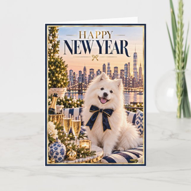 Tarjeta de Feliz Año Nuevo de Perro Esquimal Ameri (Anverso)