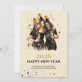 Tarjeta de Feliz Año Nuevo elegante en negro y dor