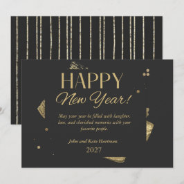 Tarjeta de Feliz Año Nuevo negra y dorada