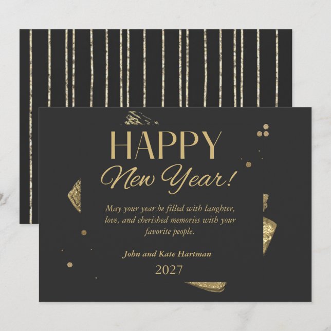 Tarjeta de Feliz Año Nuevo negra y dorada (Anverso / Reverso)