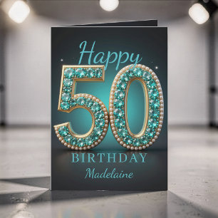 Tarjeta de Feliz Cumpleaños 50 Glam Diamante Perla