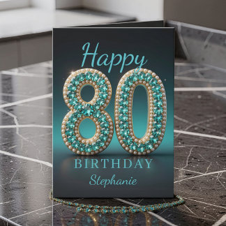 Tarjeta de Feliz Cumpleaños 80 Glam Diamante Perla