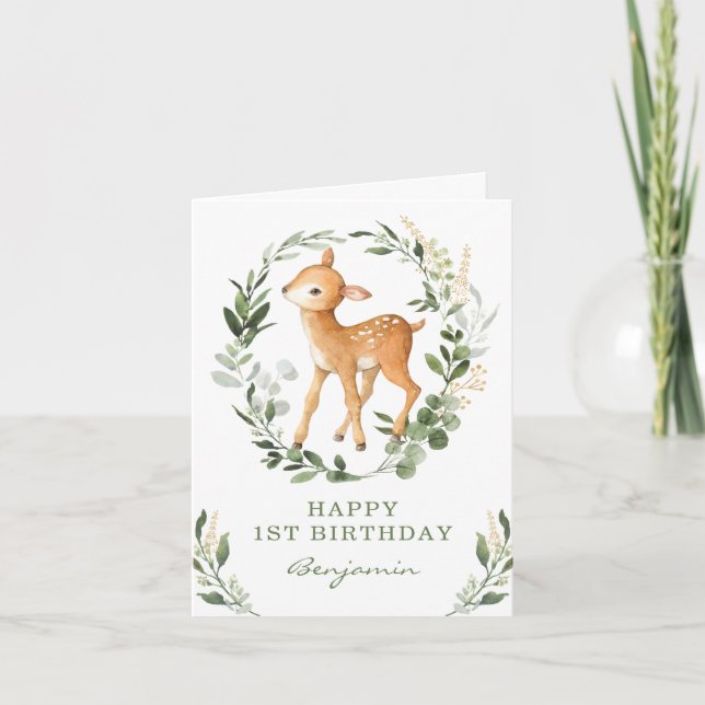 Tarjeta de Feliz Cumpleaños con Ciervo Dorado y Ve (Anverso)