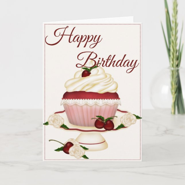 Tarjeta de Feliz Cumpleaños con Cupcake de Cereza  (Anverso)