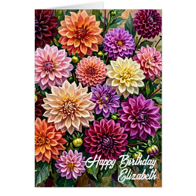 Tarjeta de Feliz Cumpleaños con Flores de Dalia Co (Frente)