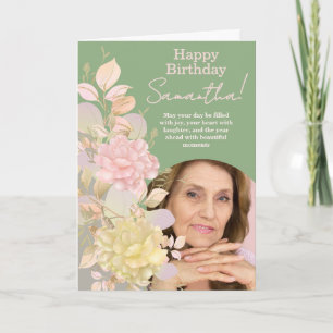Tarjeta de Feliz Cumpleaños con Foto y Flores Rosa