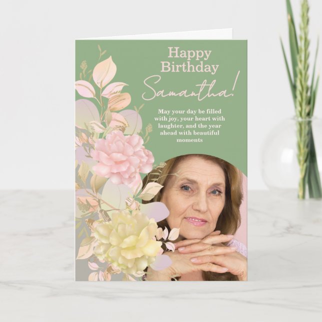 Tarjeta de Feliz Cumpleaños con Foto y Flores Rosa (Anverso)