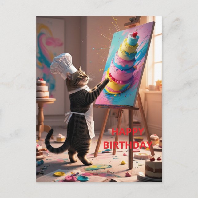 Tarjeta de Feliz Cumpleaños con Gato Divertido y T (Anverso)