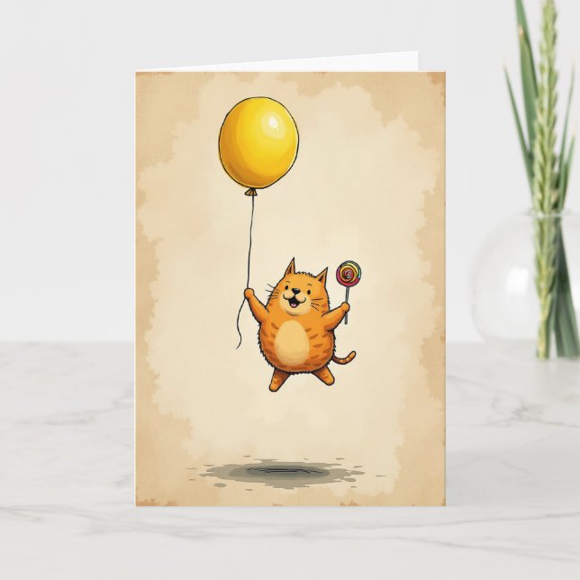 Tarjeta de Feliz Cumpleaños con Gato y Globo (Anverso)