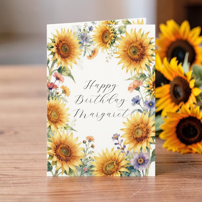 Tarjeta de Feliz Cumpleaños con Girasoles en Acuar (Subido por el creador)
