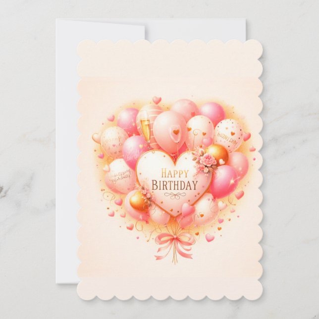Tarjeta de Feliz Cumpleaños con Globo Rosa en Form (Anverso)