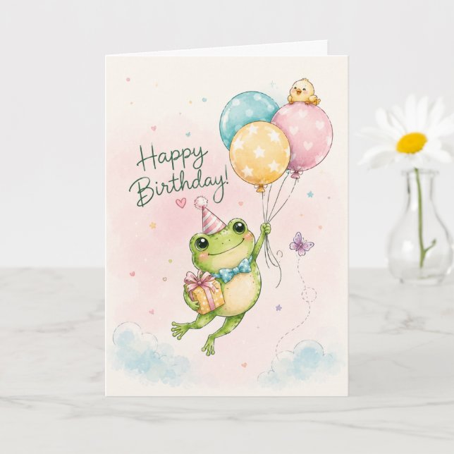 Tarjeta de Feliz Cumpleaños con Globos de Rana Ado (Planta pequeña)