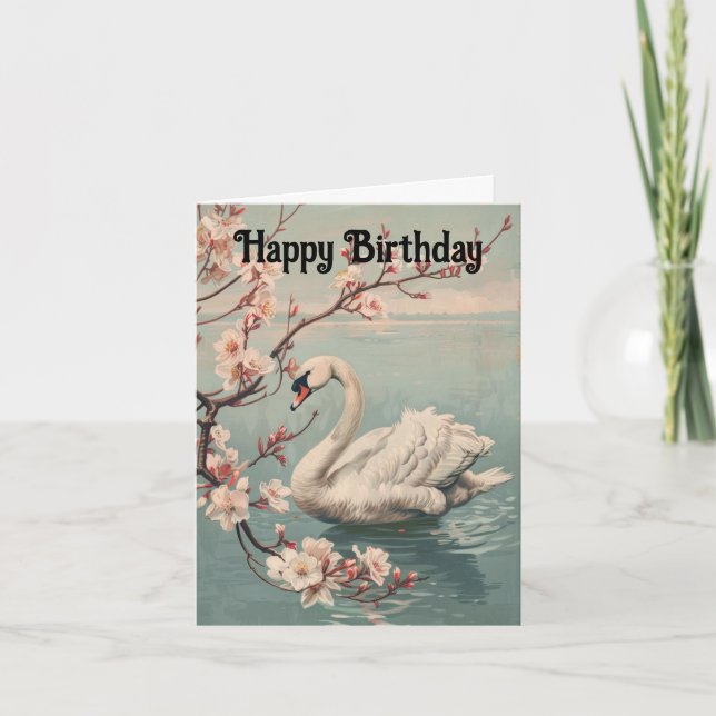 Tarjeta de Feliz Cumpleaños con Hermoso Cisne (Anverso)