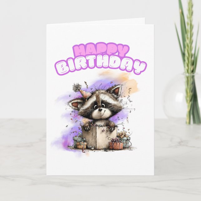 Tarjeta de Feliz Cumpleaños con Mapache Adorable e (Anverso)