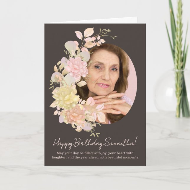 Tarjeta de Feliz Cumpleaños con Marco de Foto Flor (Anverso)