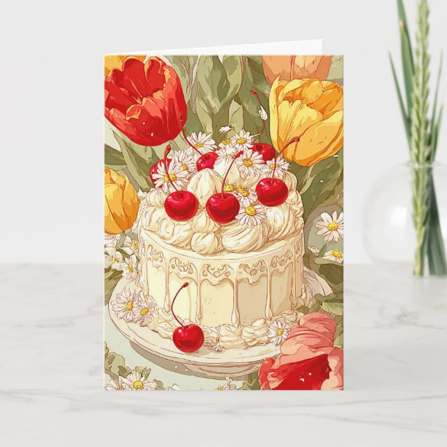 Tarjeta de Feliz Cumpleaños con Pastel Adorable (Anverso)