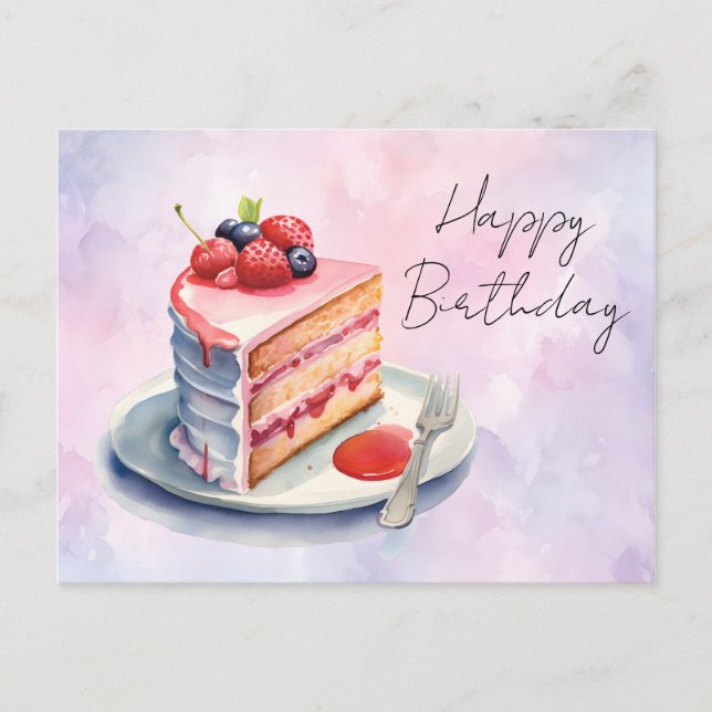Tarjeta de Feliz Cumpleaños con Pastel de Acuarela (Anverso)